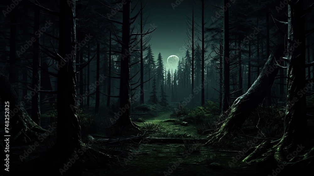 This is a dark and mysterious forest. The trees are tall and the branches are thick, creating a dense canopy that blocks out the sunlight. - obrazy, fototapety, plakaty 