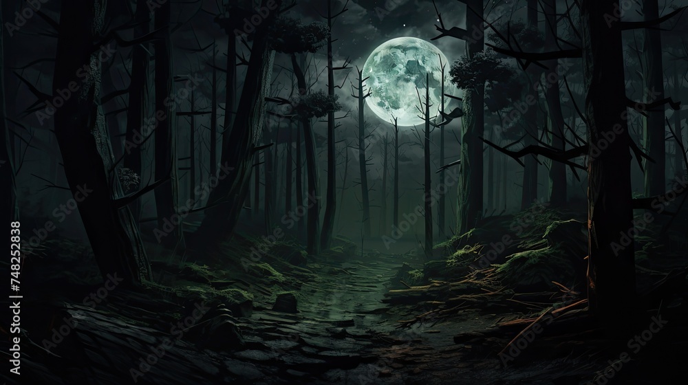 A dark and mysterious forest at night. The full moon shines through the trees, casting a spooky glow on the forest floor.