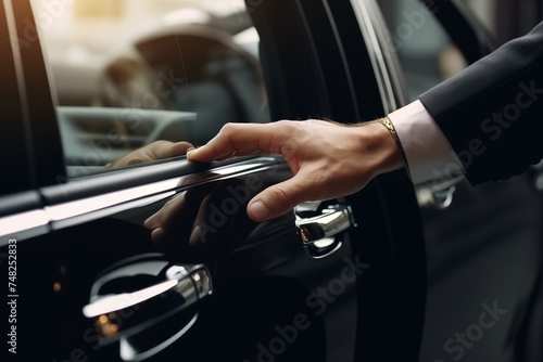 Businessman, hands and chauffeur by car door for travel accommodation, designated driver or commute. Hand of male person on vehicle handle in professional transport service, business class or pick up