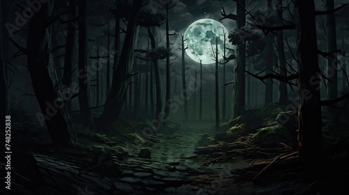 A dark and mysterious forest at night. The full moon shines through the trees  casting a spooky glow on the forest floor.