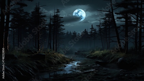 The full moon rises over a dark and misty forest. The only light comes from the moon and the stars, which create a spooky and atmospheric scene. © Stock