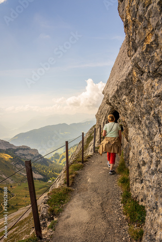 Mountain tourist on the Pilatus mountain on Lake Lucerne in Switzerland.