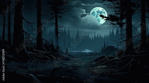 A dark and mysterious forest at night. The only light comes from a full moon, which is shining through the trees.