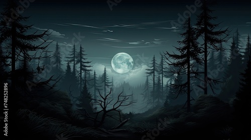 A dark and mysterious forest at night. The only light comes from a full moon, which is shining through the trees.