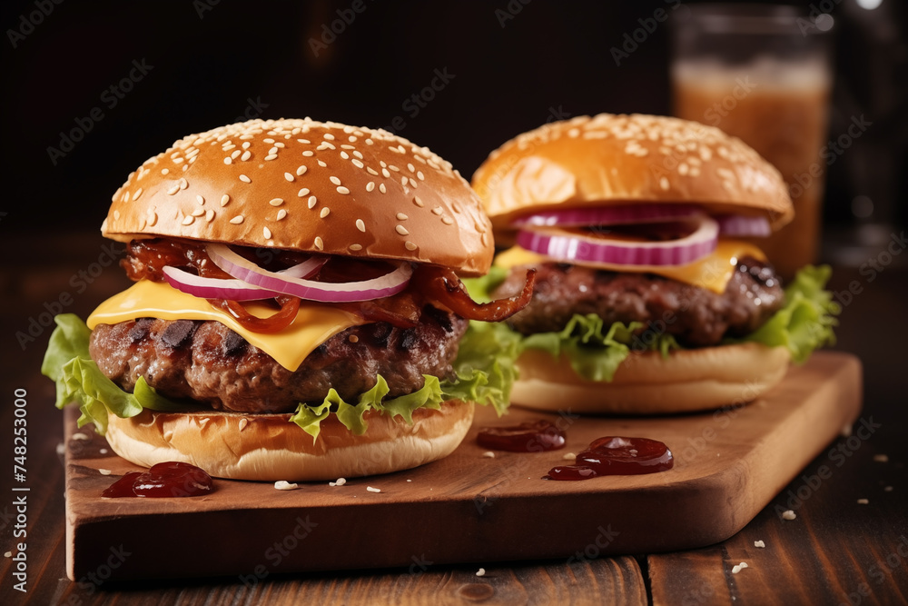 Two hamburgers with beef burger cutlet, fried onion, spinach, ketchup sauce and blue cheese in traditional buns, served on wood chopping board over dark wooden background. Two hamburgers with beef burger cutlet, fried onion, spinach, ketchup sauce and blue cheese in traditional buns, served on wood chopping board over dark wooden background.