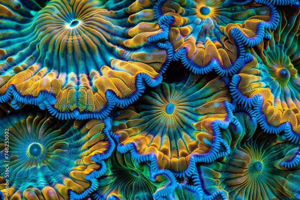 An underwater macro photo of a coral reef with vibrant colors and detailed textures of marine life An underwater macro photo of a coral reef with vibrant colors and detailed textures of marine life