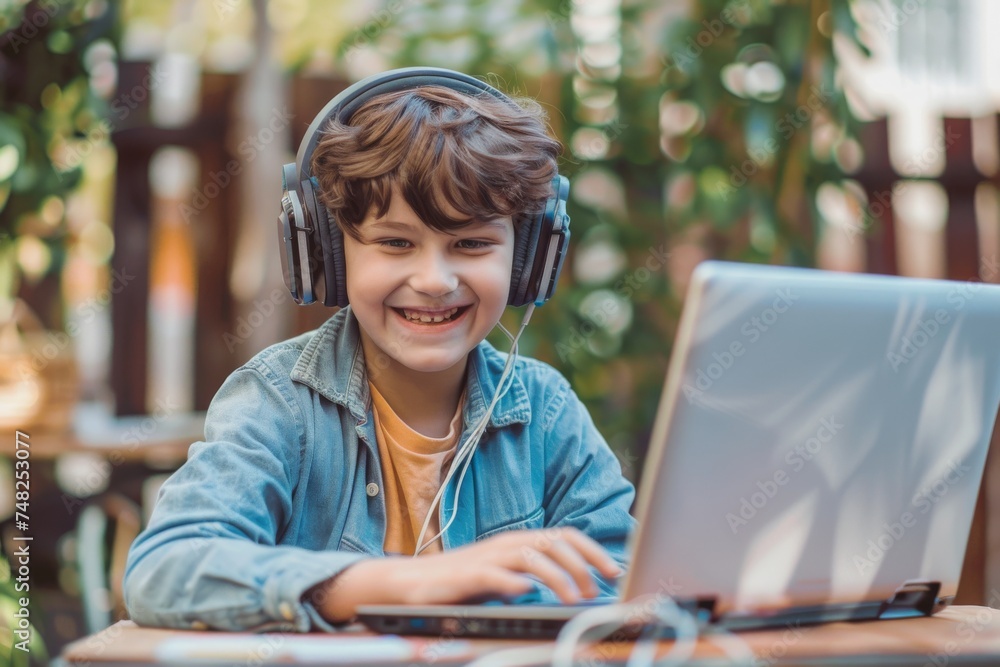 Young boy in a denim jacket engaging with a laptop, wearing headphones Young boy in a denim jacket engaging with a laptop, wearing headphones