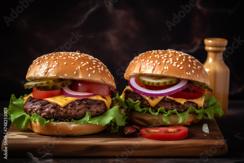 Two hamburgers with beef burger cutlet, fried onion, spinach, ketchup sauce and blue cheese in traditional buns, served on wood chopping board over dark wooden background.