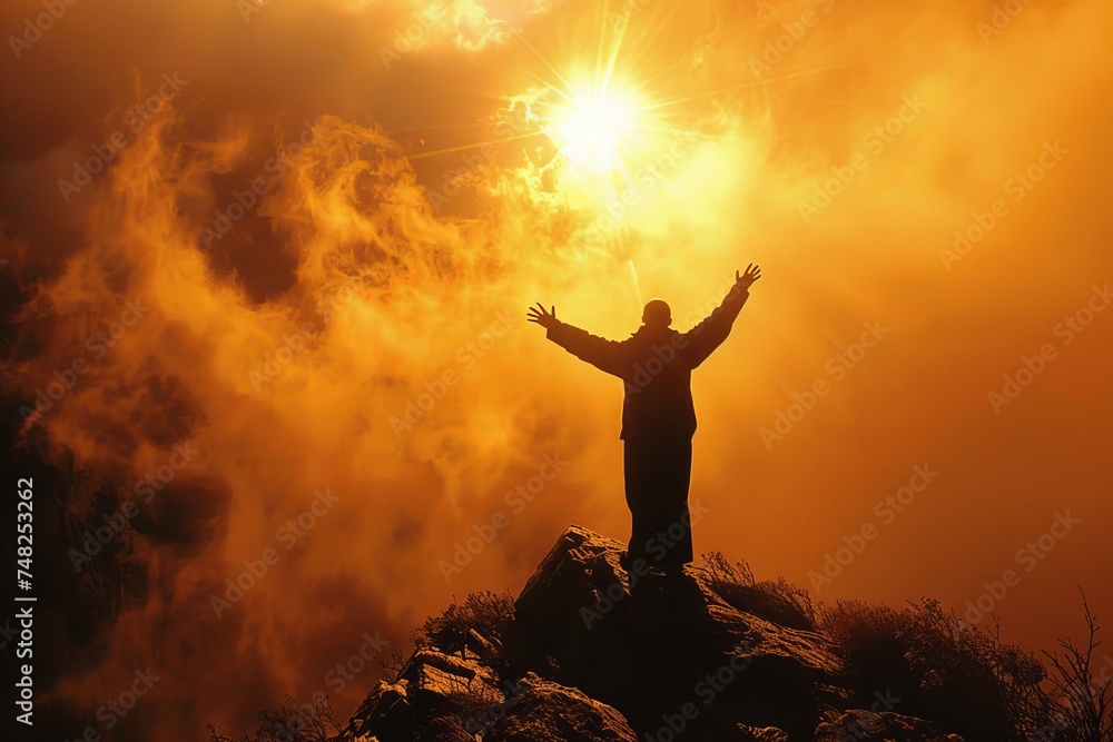 A person's silhouette with arms outstretched against a dramatic orange sky and rising sun, expressing freedom or success