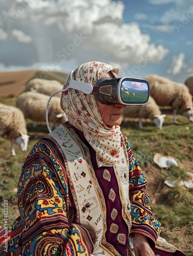 senior woman with virtual reality headset is stunned by VR experience. AI generated illustration