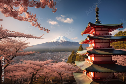 View of Mount Fuji during koyo season with the Chureito Pagoda, Yamanashi, Japan. photo