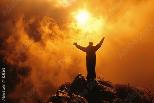 A person's silhouette with arms outstretched against a dramatic orange sky and rising sun, expressing freedom or success