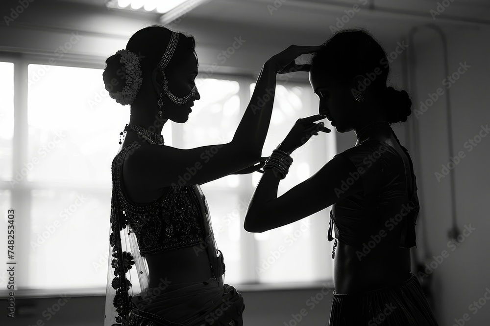 Two dancers in traditional Indian attire, captured in silhouette, perform a classical dance