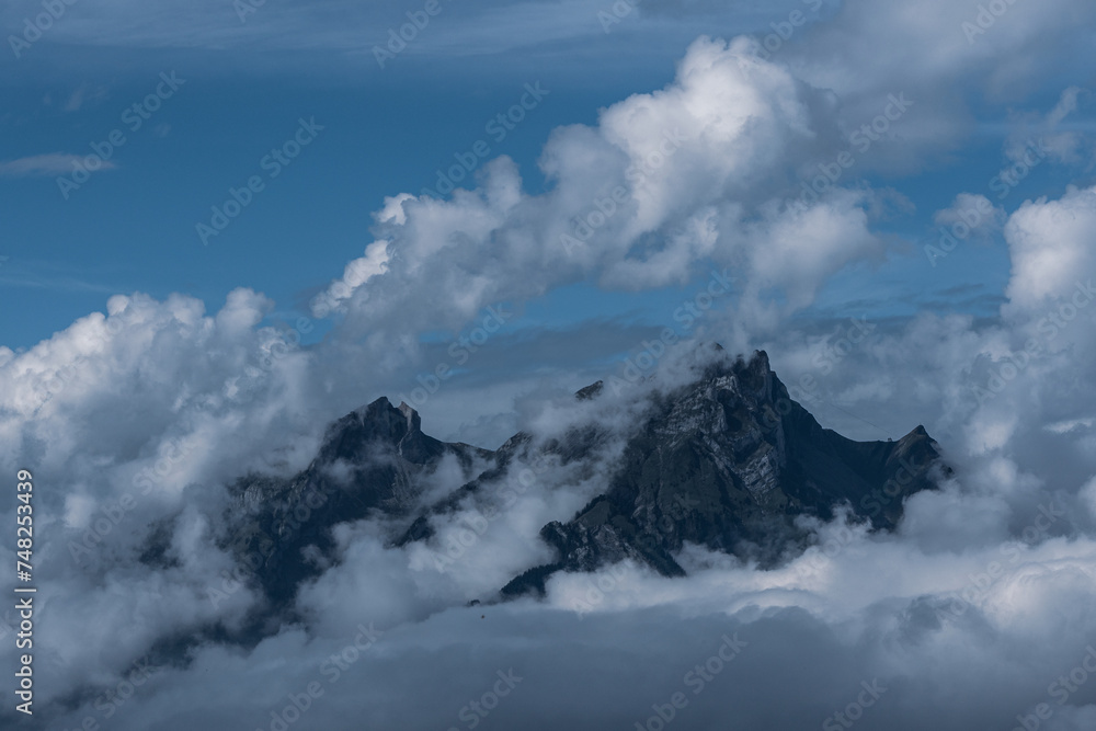 Panoramic view of the mountains at Lake Lucerne in Switzerland.