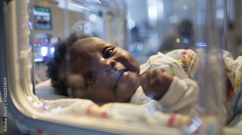 Black baby in an incubator - obrazy, fototapety, plakaty 