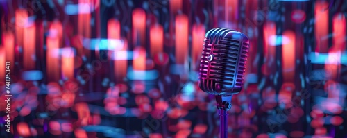 Microphone and radio wave on dark background, bokeh effect. Banner design. AI generated illustration photo