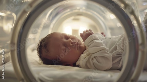 Newborn Caucasian baby in an incubator at the hospital