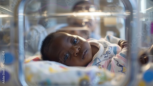 Newborn black baby in an incubator photo
