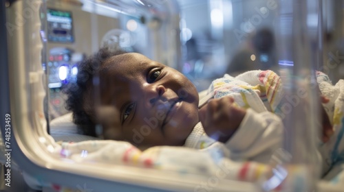 Black baby in an incubator photo
