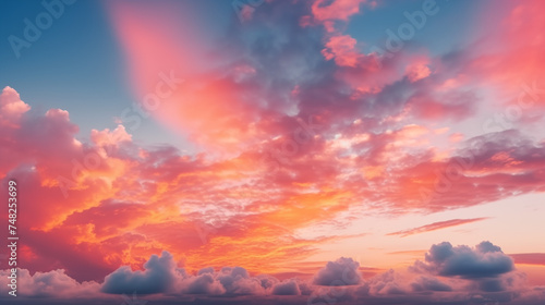 Dusk, Sunset Sky Clouds in the Evening with colorful Orange, Yellow, Pink and red sunlight and Dramatic storm clouds on twilight sky, Landscape horizon Golden sky nature Summer Background © Steam visuals