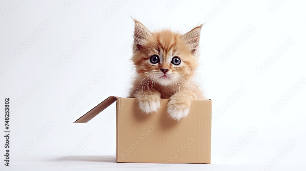 A ginger kitten sits in a postal cardboard box on a white background. A ginger kitten sits in a postal cardboard box on a white background.
