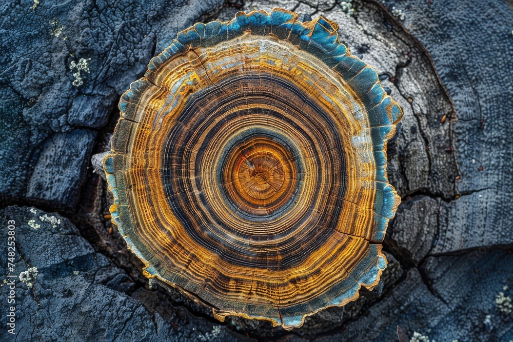 A magnified view of a tree trunk's colorful growth rings tells a story of age and life A magnified view of a tree trunk's colorful growth rings tells a story of age and life