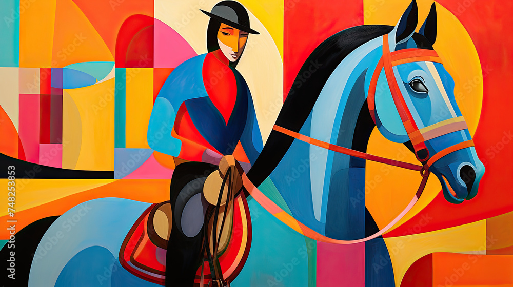 A simple illustration in bright colors of a rider on a horse. Equestrian industry banner layout.