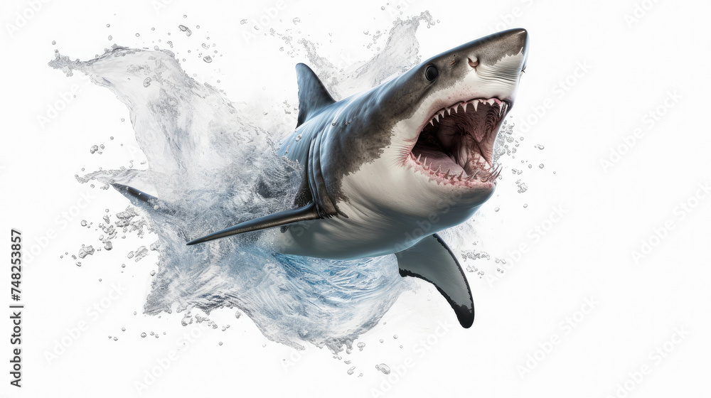 Fototapeta premium A large shark jumps out of the water on a white background.
