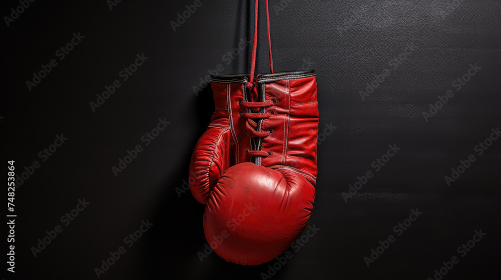 A red boxing glove hangs on a black wall background.