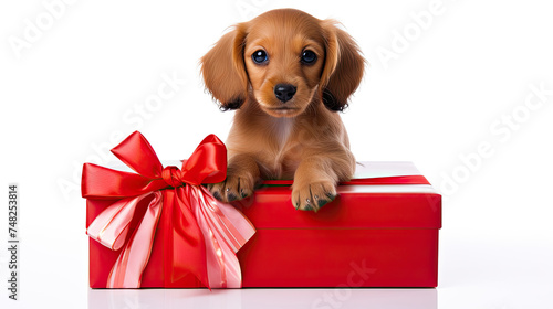 A puppy sits on a red gift box with a bow on a white background.