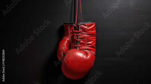 A red boxing glove hangs on a black wall background. © OleksandrZastrozhnov