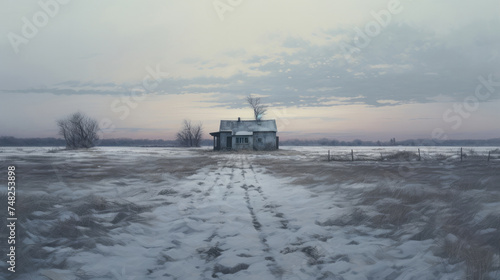 Road to an old village house in a winter snowy field. © OleksandrZastrozhnov
