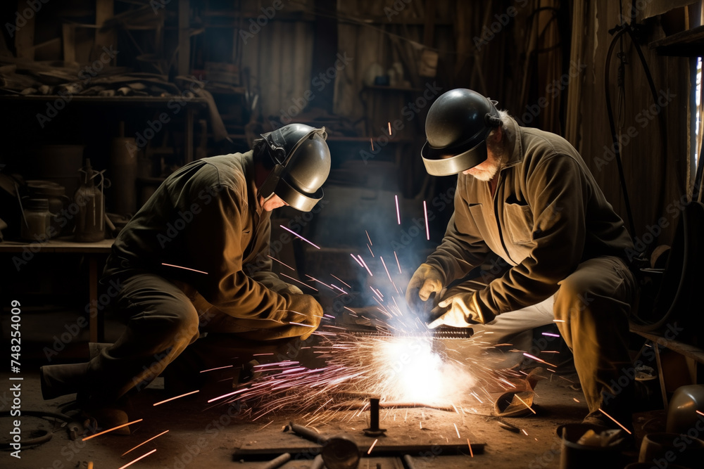 Two Industrial Welders With Torch and Protective Helmet in big hall welding metal profiles Two Industrial Welders With Torch and Protective Helmet in big hall welding metal profiles