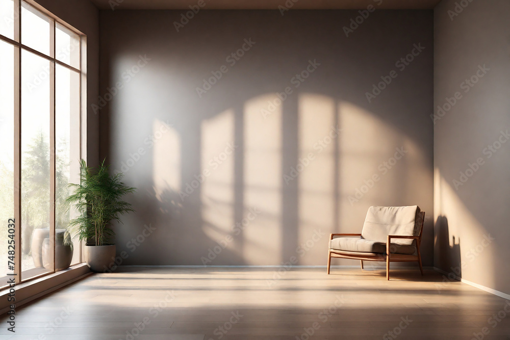 Interior of modern living room with brown walls, wooden floor, beige armchair and window. 3d rendering Interior of modern living room with brown walls, wooden floor, beige armchair and window. 3d rendering