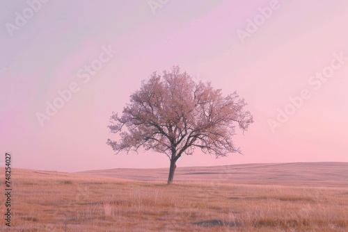 A lone tree stands in a serene field, with a pastel sky adding to the peaceful and isolated feeling of the image