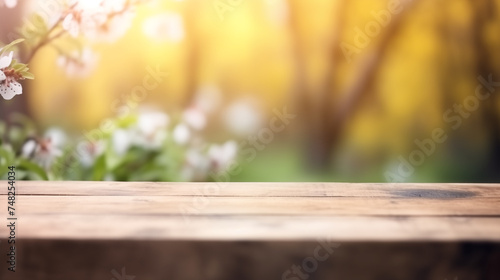 Spring background with white blossoms and sunbeams in front of a wooden table