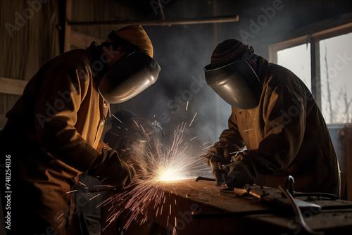 Two welders wearing protective clothing for welding industrial construction oil and gas at construction site .Welders with protective equipment welding outdoors pipeline construction.
