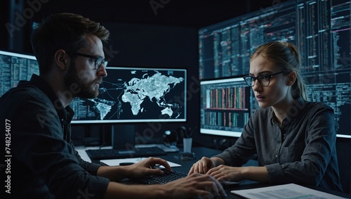 Developers Using Laptop Computer, Discussing Lines of Code that Appear on Big Screens Surrounding Them, Male and Female Programmers Creating Software Together and Fixing Bugs