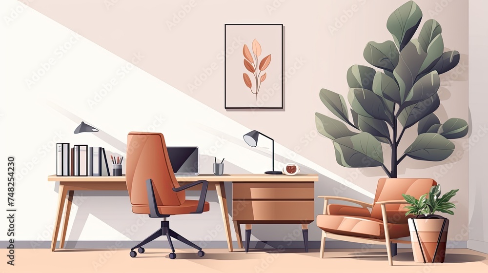 Obraz premium A stylish home office with a large wooden desk, a comfortable brown leather chair, and a lush green plant in the corner.