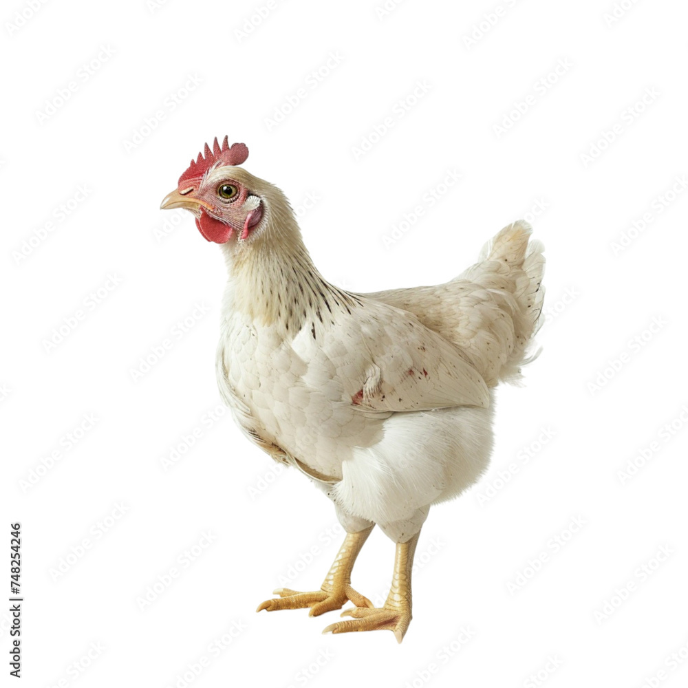 A live chicken is isolated on a white background. With clipping path