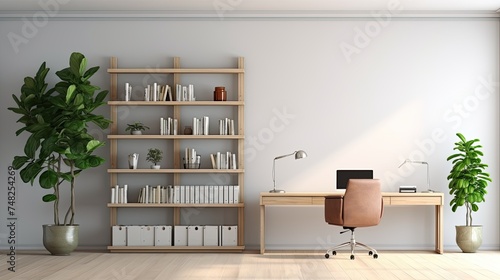 A home office with a large wooden desk, a comfortable brown leather chair, and a tall bookshelf filled with books, plants, and other decorative object