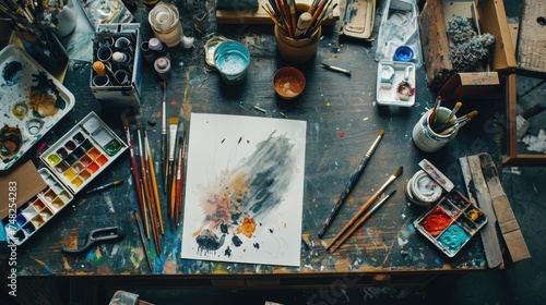 An artist's workspace is a vibrant mess, with paintbrushes, open paint jars, and a color-splattered palette and sketchbook. Resplendent.