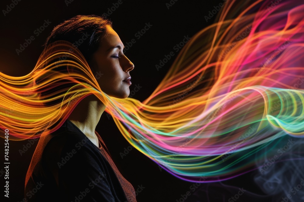 Dynamic swirls of vivid colors encircling the silhouette of an abstract human figure exuding energy, creativity, and expression
