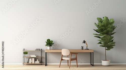 A stylish home office with a large wooden desk, a comfortable chair, and a lush potted plant. The perfect place to work from home or study.