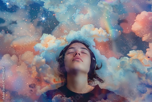 A surreal image blending a woman with headphones lost in music and colorful cosmic clouds