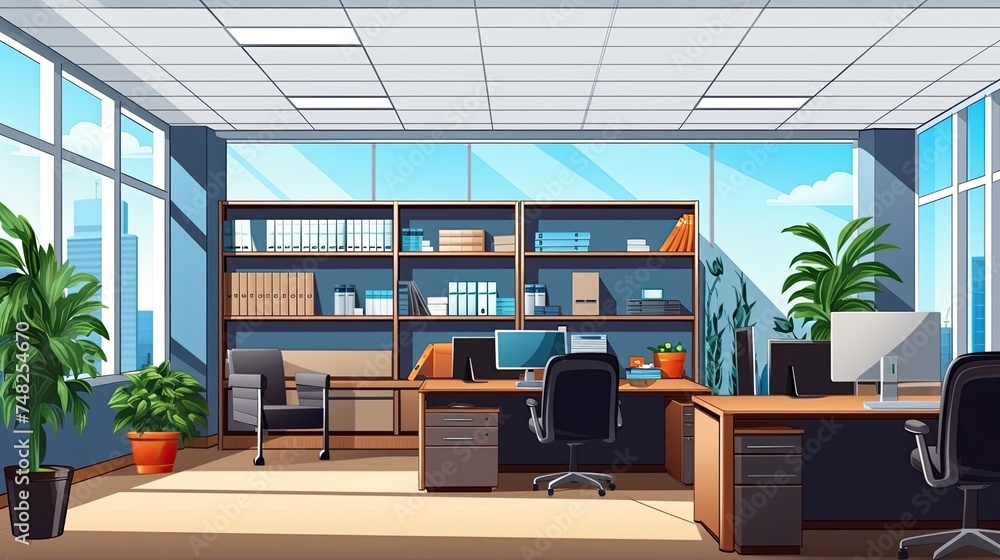 Fototapeta premium A modern office interior with two large windows, a large desk, a comfortable chair, a throw rug, and a few plants.