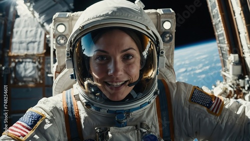 A Beautiful Woman on Her First Spacewalk at an International Space Station, Empowered Female Astronaut Communicating with Crew Members, Excited to See Planet Earth from Outer Space