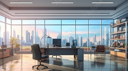 A modern office with a large desk and a comfortable chair. The desk is placed in front of a large window with a view of the city.