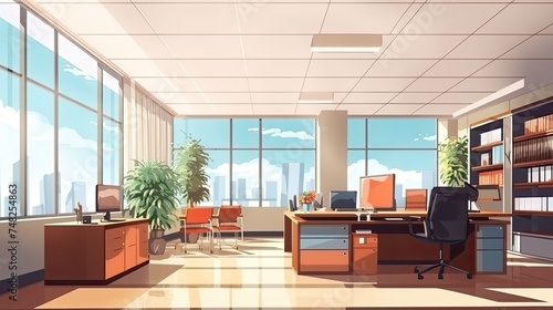 The interior of a modern office with large windows  a desk  a comfortable chair  bookshelves  and plants. The room is bathed in sunlight.