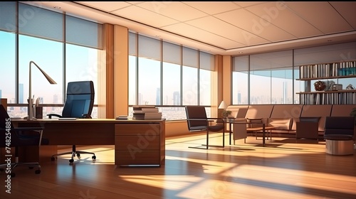 A modern office with a large desk, comfortable chairs, and a beautiful view of the city. The room is bathed in warm sunlight.